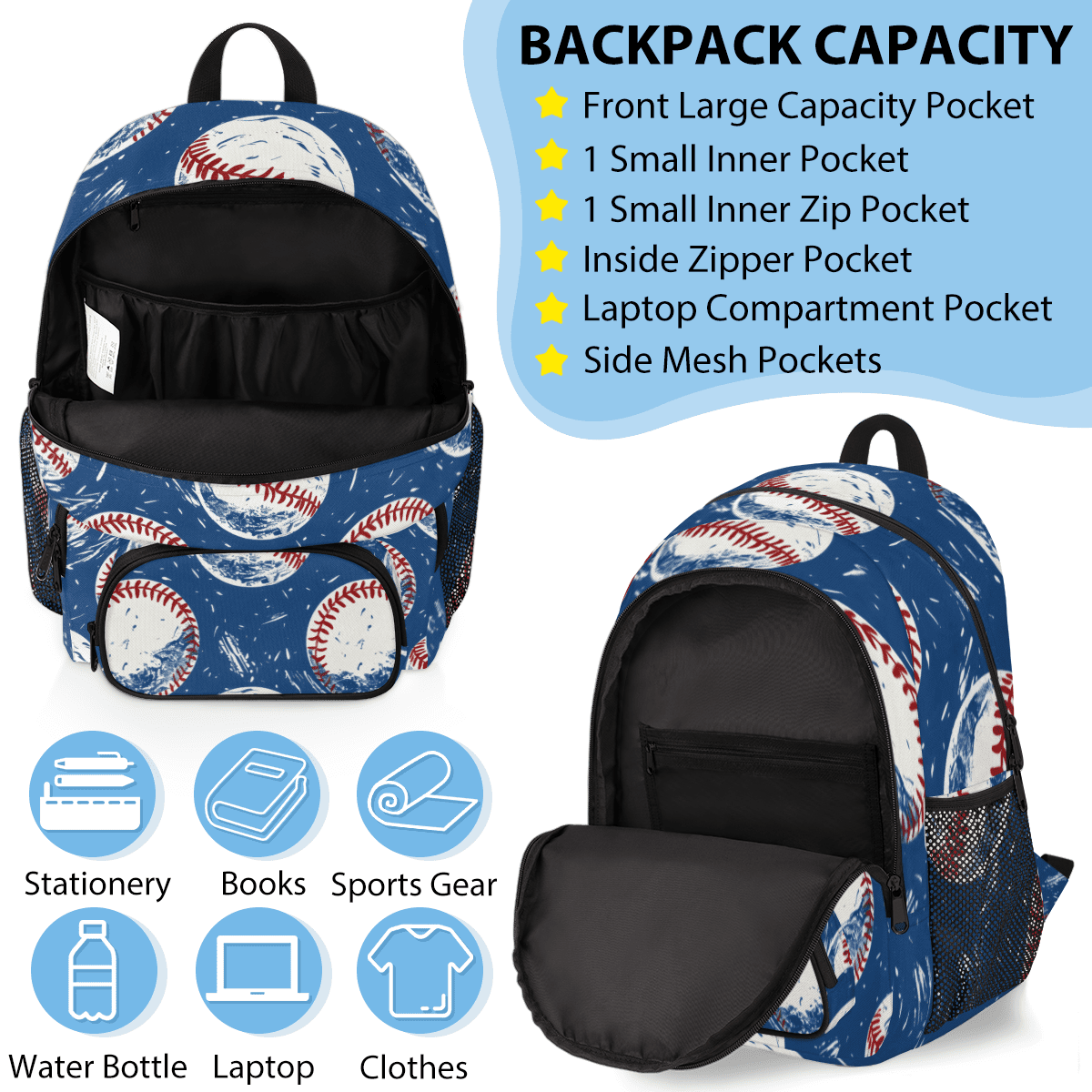 Herdesigns Baseball Sports Large Backpack Set with Lunch Box Lightweight Water Resistant Travel Laptop Backpacks Casual Daypacks for Women Men