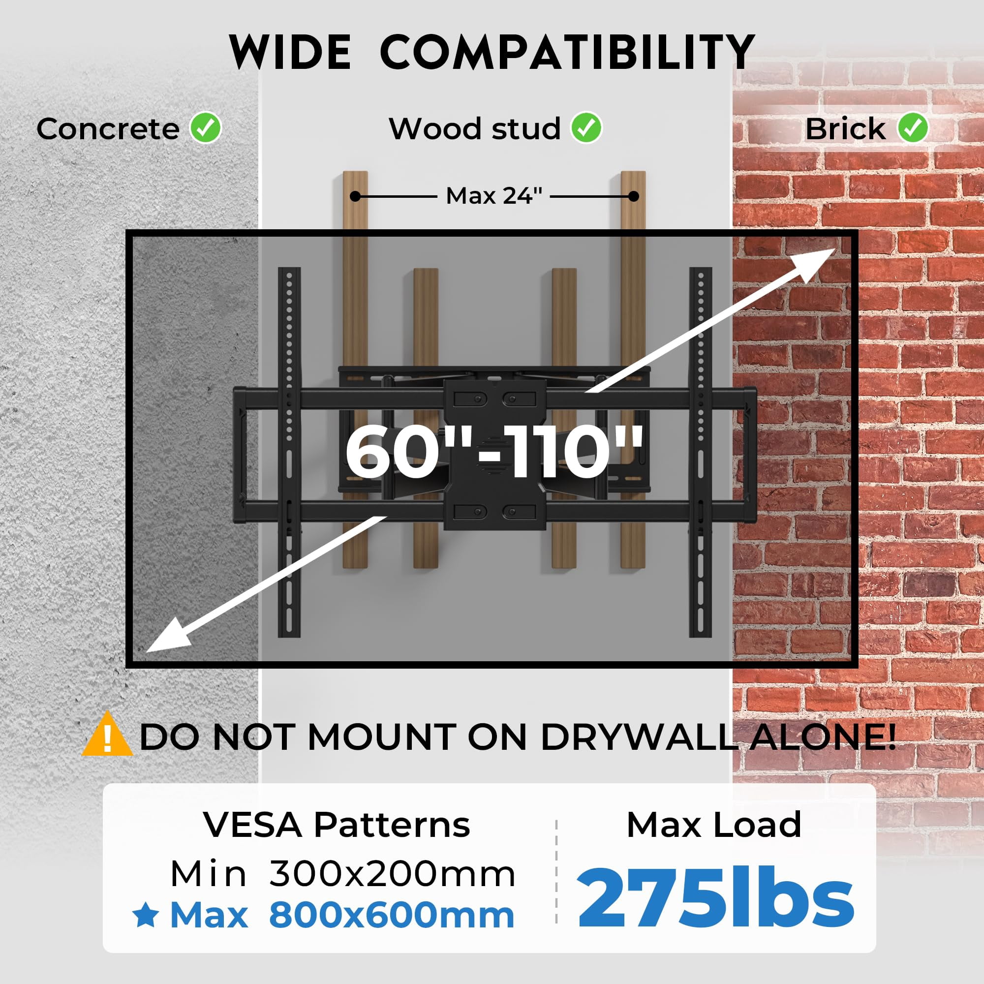 Heavy Duty TV Wall Mount with Extra Long Extendable Arm for 60–110 Inch TVs, Holds Up to 275lbs, Full Motion Bracket with Corner Swivel and Tilt, Max VESA 800x600mm, Fits 24"Studs, Wide Compatibility