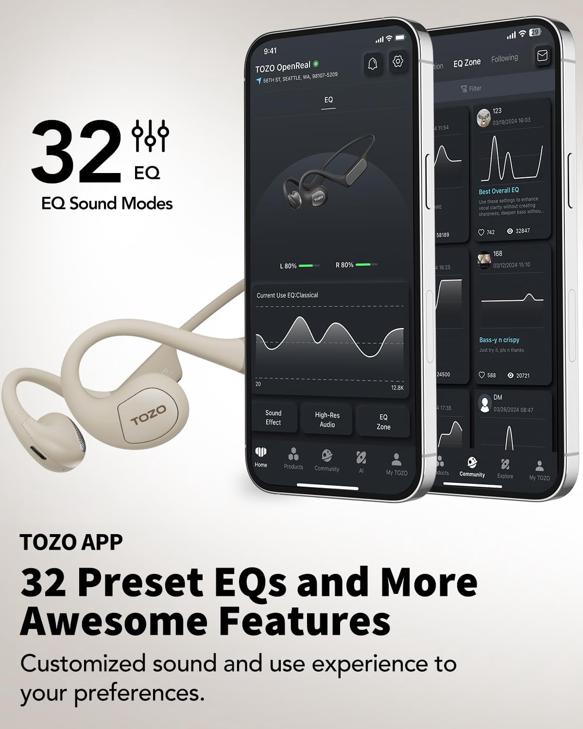 TOZO Upgraded Open-Ear Headphones Bluetooth 5.3, Air Conduction Wireless Sport Headphones with 2 ENC Mics, 32 EQ Modes via App, IPX8 Waterproof, Stereo Bass, Fast Charging for Cycling Travel Workout