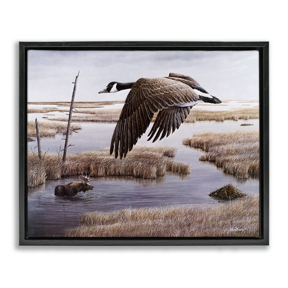 Stupell Industries Goose Over Creek Animals Painting Black Floater Framed Canvas Art Print Wall Art, 21 x 17