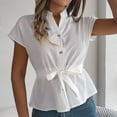 thumbnail image 2 of Plebaso Women's Button down Blouses Cap Sleeve V Neck Dressy Tops Casual Plain Work Shirts with Drawstring, 2 of 7