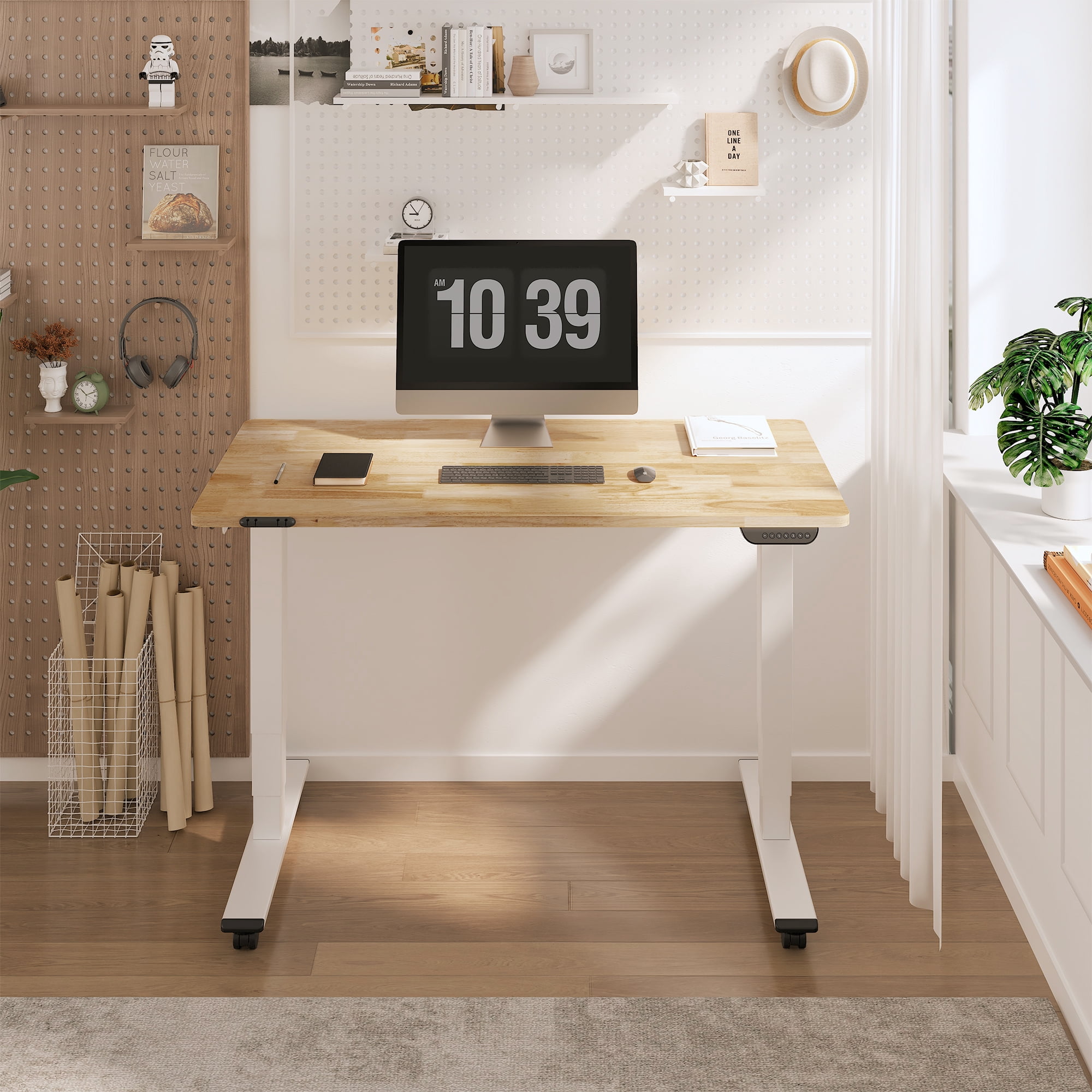 FLEXISPOT E6 48"x24" Dual Motors 3-Stage Standing Desk Solid Wood Home Office Height Adjustable Desk with Wheels, Solid Rubber Wood Desktop and White Frame