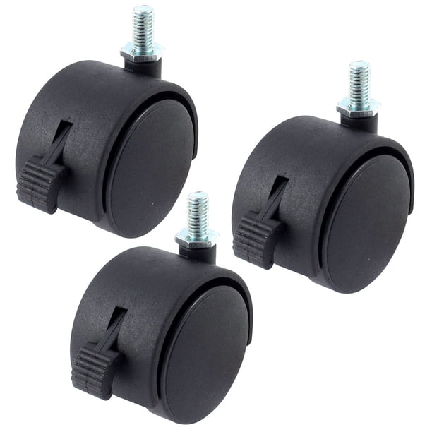 Ruedas giratorias de freno de doble rueda de nylon negro de 2" con vástago roscado M8, 3 piezas