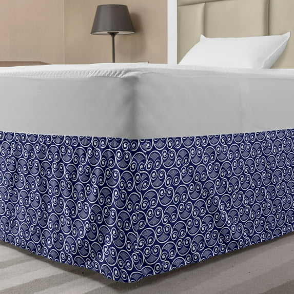 Blue and White Bed Skirt, Horizontal Wavy Lines with Curling Tips Abstract Pattern, Elastic Bedskirt Dust Ruffle Wrap Around for Bedding Decor, 4 Sizes, Navy Blue and White, by Ambesonne