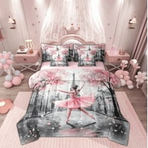 Manfei Kawaii Ballet Princess Twin Bedding Sets 7-Piece, Romantic Paris Eiffel Tower Bedding Comforter Set, Oil Printing Reversible Sheet Sets, Lightweight Room Decor