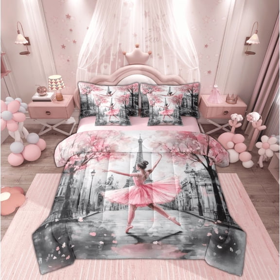 Manfei Kawaii Ballet Princess Twin Bedding Sets 7-Piece, Romantic Paris Eiffel Tower Bedding Comforter Set, Oil Printing Reversible Sheet Sets, Lightweight Room Decor