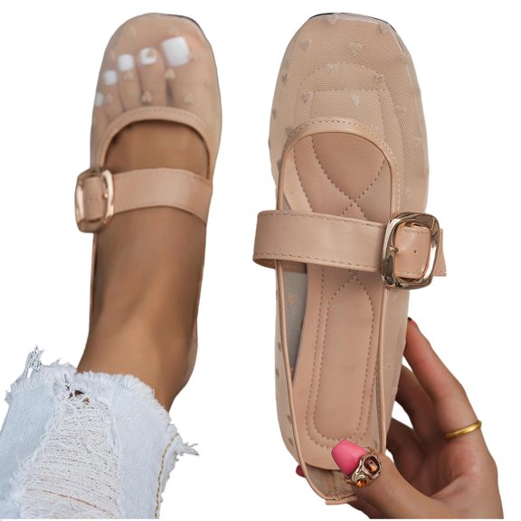 Purcolt Womens Heart Embroidery Mesh Flats Lightweight Casual Square Toe Slip On Ballet Shoes Comfort Elegant Soft Sole Mary Jane Shoes with Buckle Strap