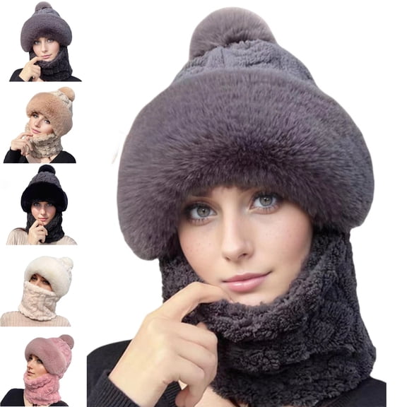3 in 1 Beanie Hat with Scarf and Mask, Women's Outdoors Windproof Scarf Hat, Knitted Ski Mask Set Gray Free