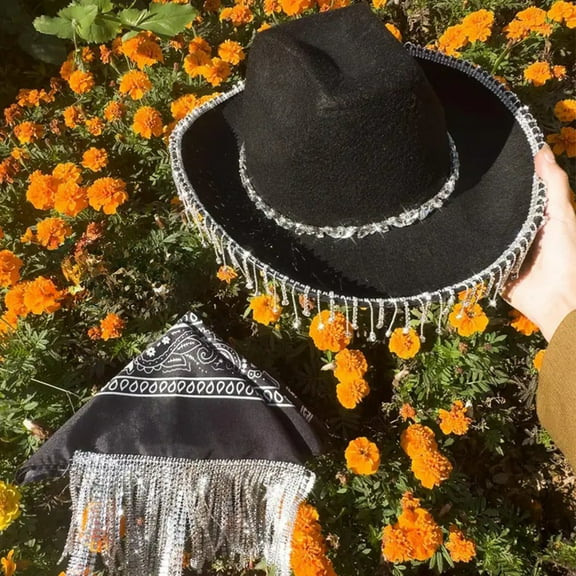 Weikingp Cowboy Hats for Women Boating Hats Women Women's Hat Elegant Pendant Cowboy Hat Tassel Scarf Dating Decoration Two Piece Set Visor Hats for Women Black One Size Clearance！