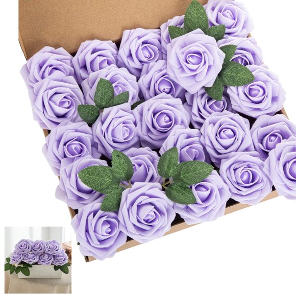 Lansdowns Artificial Flower Foam Rose 25pcs Real Looking Fake Rose with Stems Leaves for Home Decoration Party Garden Centerpieces DIY Wedding Bouquets(Violet)