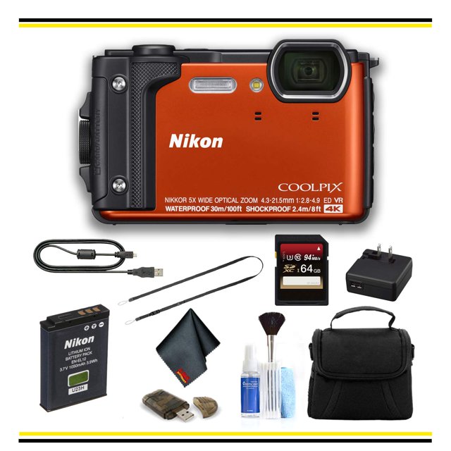 cámara digital nikon coolpix w300 naranja modelo internacional, vista frontal centrada con lente en la esquina superior derecha, logo Nikon blanco y texto técnico impreso; accesorios mostrados: batería recargable EN-EL12, cargador EH-73P, cable USB tipo A a micro-B, tarjeta SD 64 GB, correa negra, funda de transporte acolchada negra y kit de limpieza.