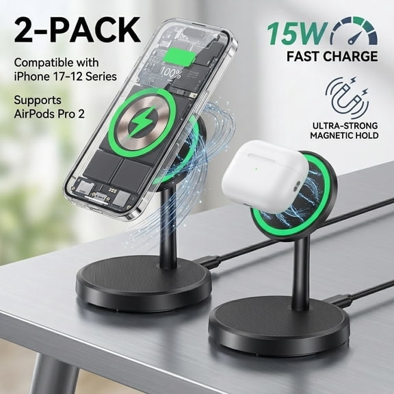 2-Pack 15W Magnetic Wireless Charger Stand, Fast Wireless Charging Station Compatible with iPhone 17/17 Air/17 Pro/17 Pro Max 16-12 Series & AirPods, Magnetic Charger Stand for Desktop & Nightstand