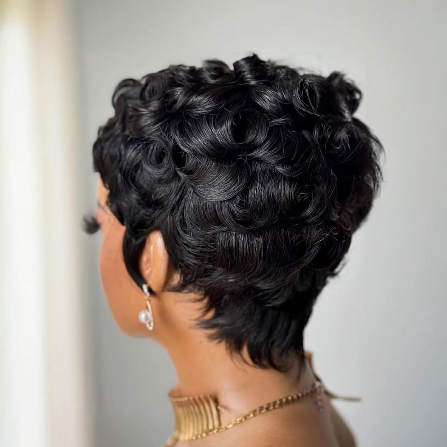 No Glue Pixie Cut Wigs for Black Women Brazilian Curly Human Hair Glueless Short Layered Wigs With Bangs Natural Black Daily Wig