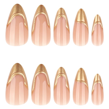 Nude Pink Gold Curved Accent Press on Nails, Medium Pointed Almond Glossy Fake Nails with Metallic Line Design, 24 Count