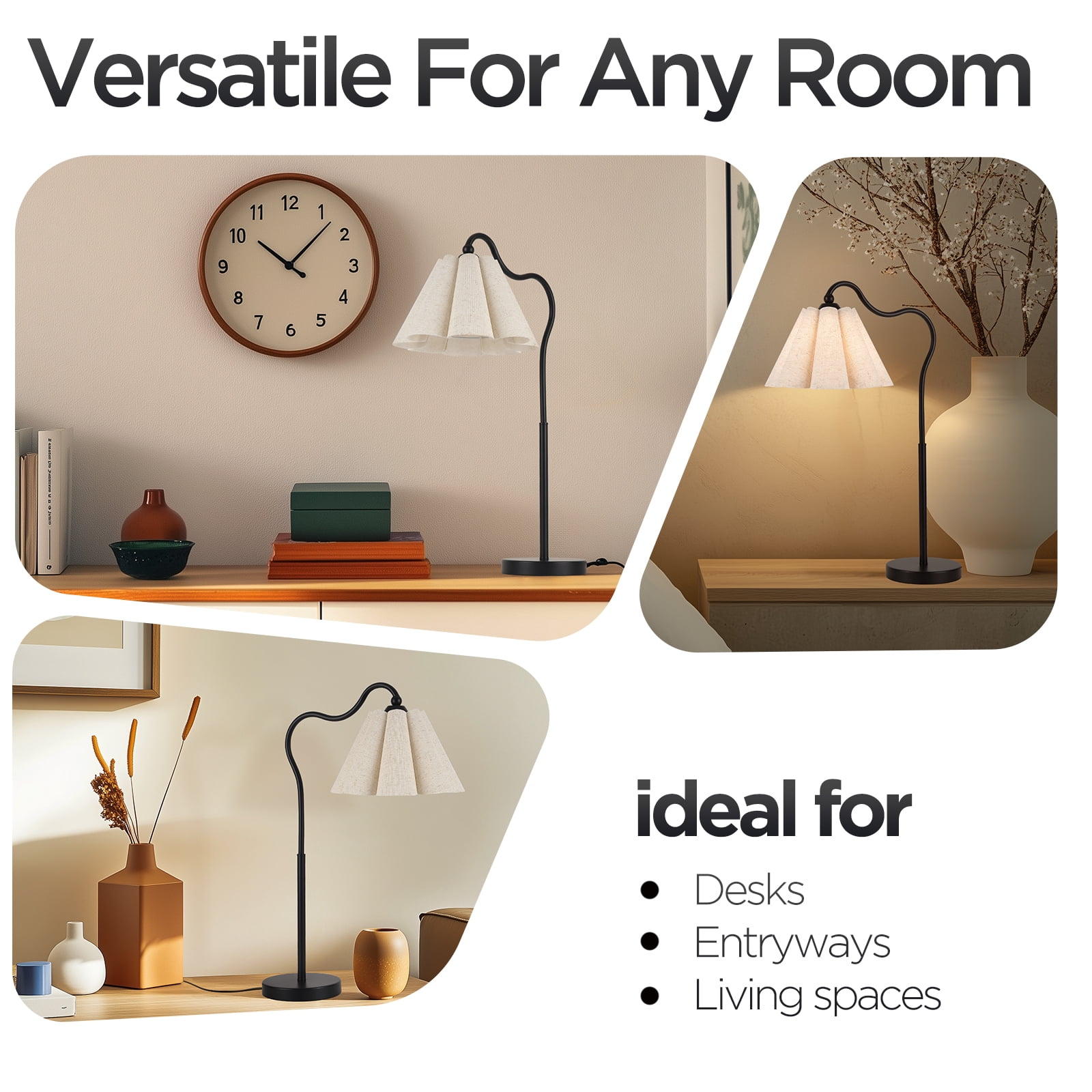 KUNJOULAM Modern Minimalist Style Black Curved Metal Lamp Post Decorative Desk Lamp, Use E26 Bulb With Linen Petal Shaped Lampshade (bulb Not Included)