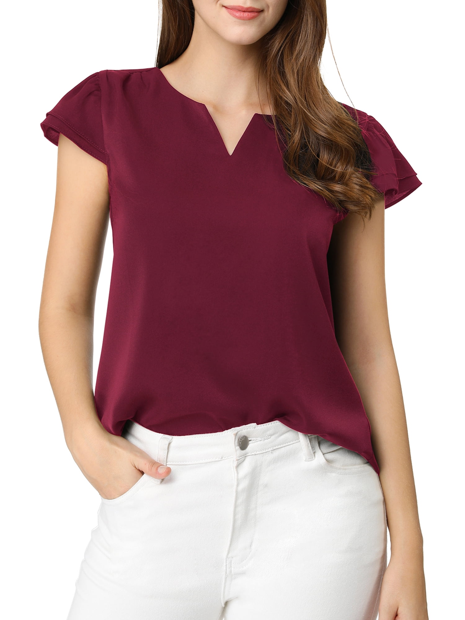 DARING DIVA Women's V Neck Casual Solid Cap Blouse Top XL Burgundy