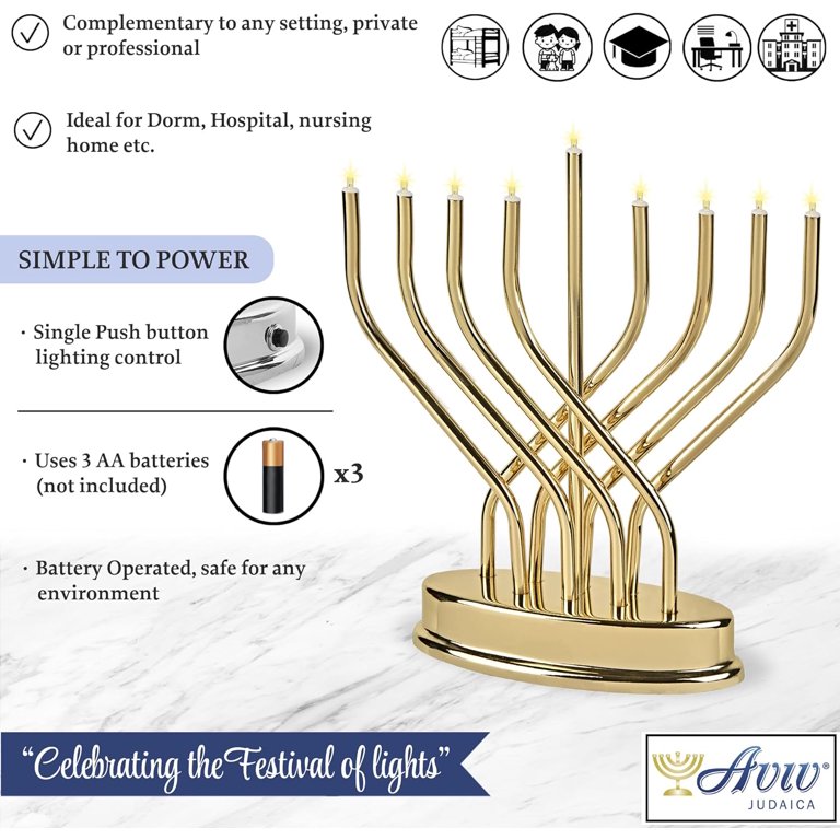 Aviv Judaica LED Battery-Operated Menorah, Brass photo 2