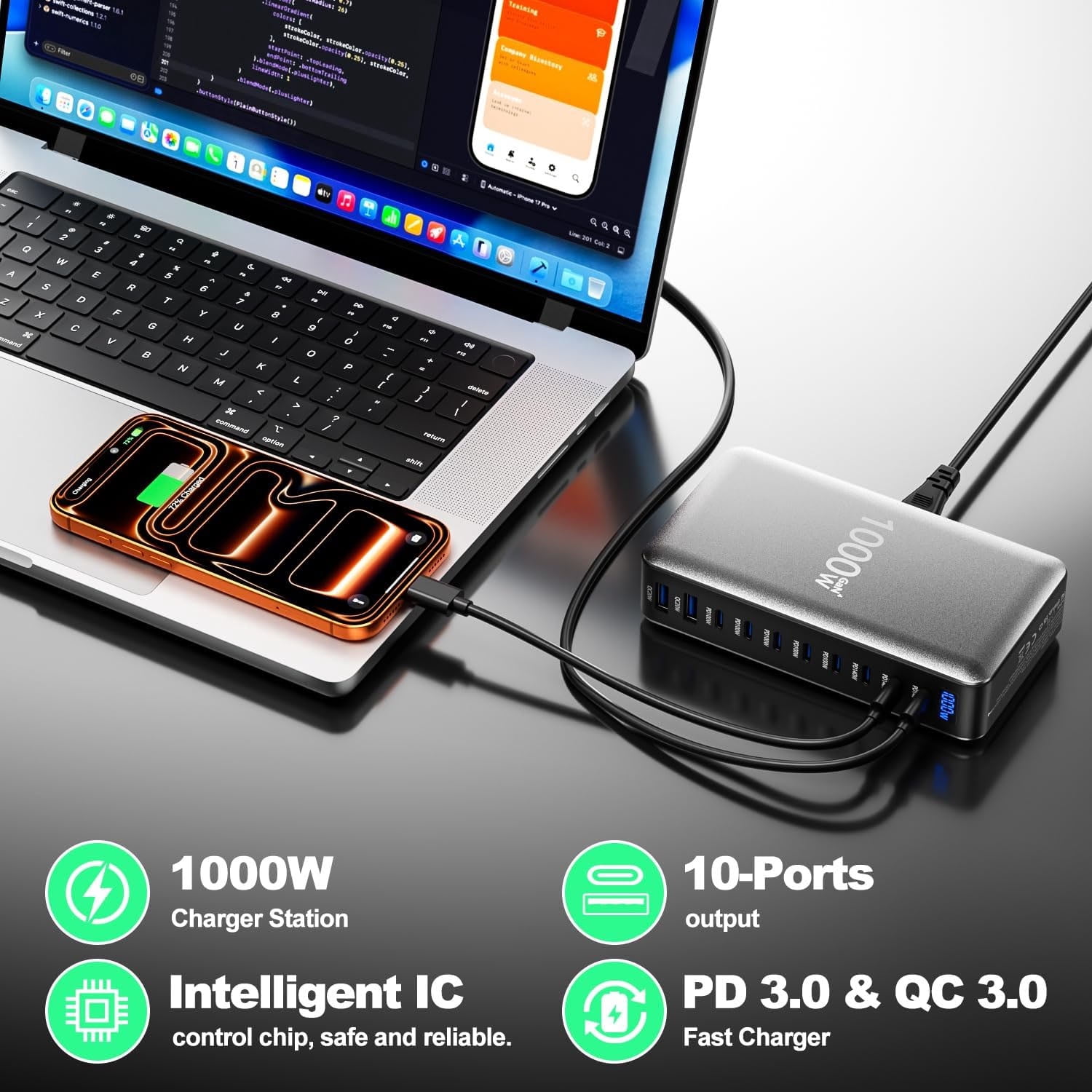 BALoFI 1000W USB-C Charging Station, 10-Port GaN IV Fast Charging Power Adapter, 140W PD Desktop & Travel Charging Hub, Multi-Device Charger, Compatible with MacBook Pro/Air, Dell, iPhone, Steam Deck