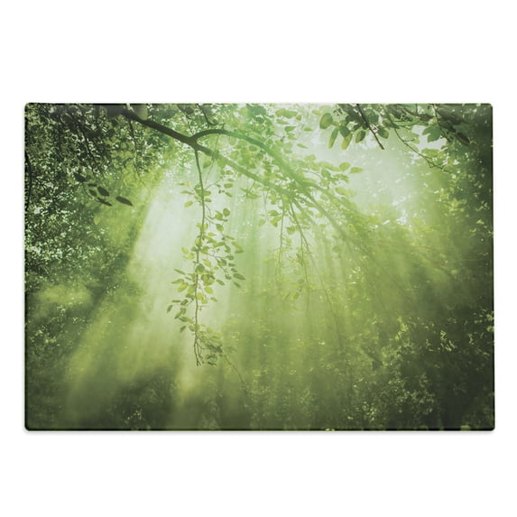 Forest Cutting Board, Rays of Sun Deep Dark in the Forest in Foliage with Effects Scenic Image Print, Decorative Tempered Glass Cutting and Serving Board, Large Size, Green, by Ambesonne