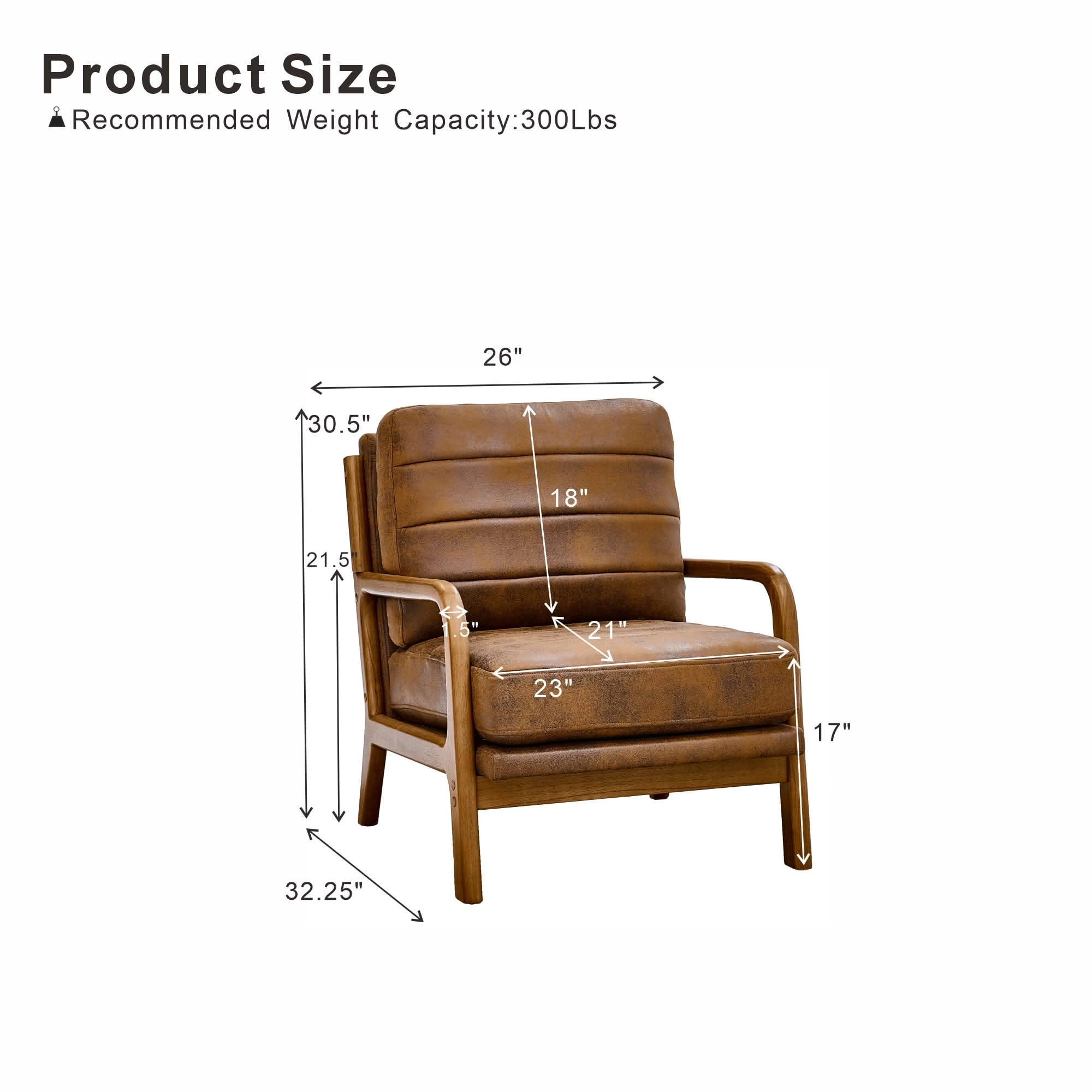 MAYEERTY 26 In Solid Wood Armchair, Curved Armrests, Foil Fabric, Memory Foam, Light Brown, 300 lb