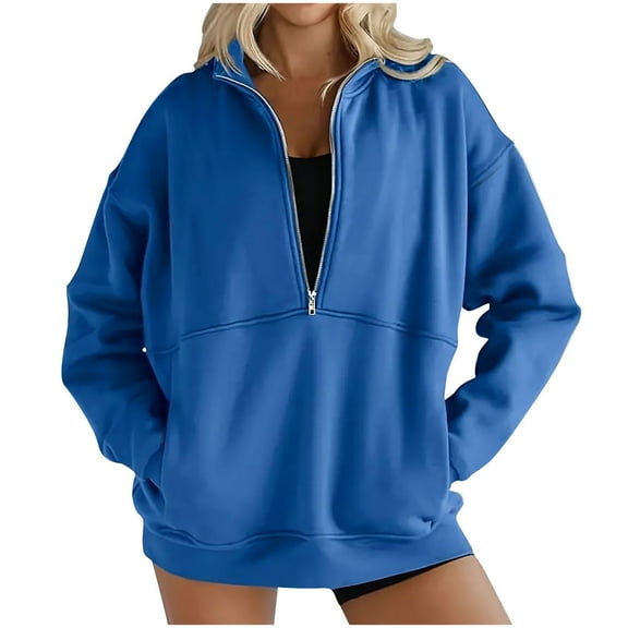 TFEOQRY Women's Hoodless Sweatshirts Solid Color Casual Sport Pullover with Pockets Long Sleeve Lapel Hoodless Sweatshirt Tops Blue