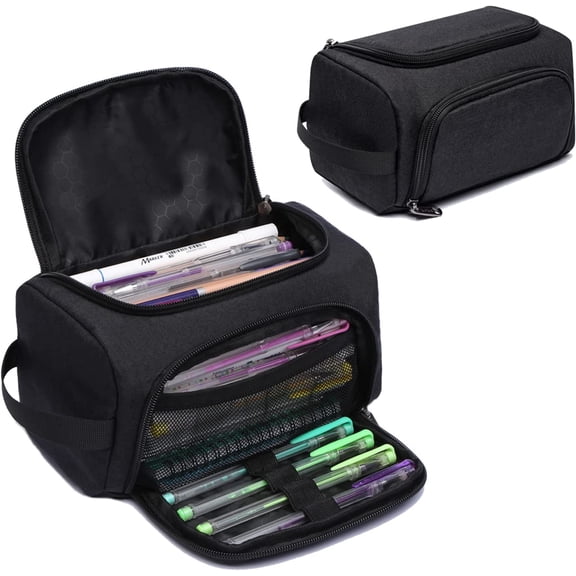 Extra Large Capacity Pencil Case Organizer, Multifunctional Pencil Pouch with Compartmens, Travel Simple Stationery Bag, Nylon Pencil Bag for Adults (Black)