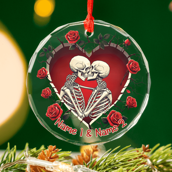 Lotusprinthandmade Personalized Valentine’s Day Matching Skull Couple Glass Ornament 1-sided Printed Circle (3 inches) – Matching Skull Ornament