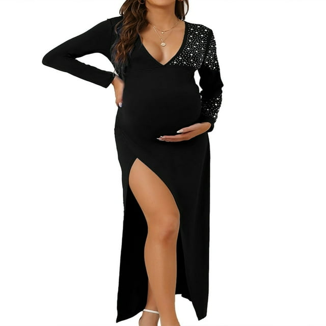 Robe de Maternité pour Femmes Brillante avec Strass, Col en V, Décontractée, Fendue, Manches Longues, Grossesse, Moulante, Midi