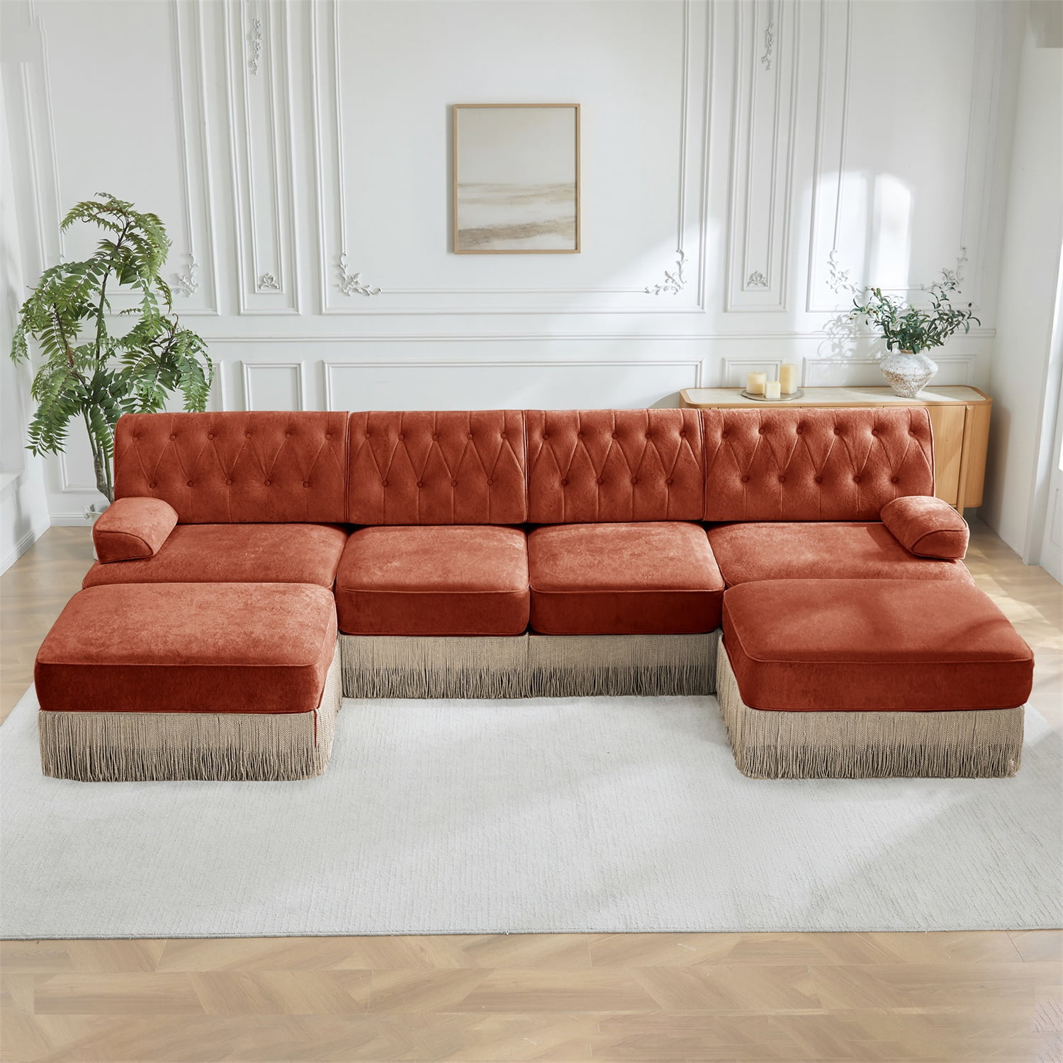 Hommoo 4-Seater Chesterfield Style Velvet Fabric U-Shaped Sectional Sofa with 2 Ottomans, Upholstered Design and Floor-grazing Tassel, Free Combination Sofa Couch Set, for Home, Red Brown