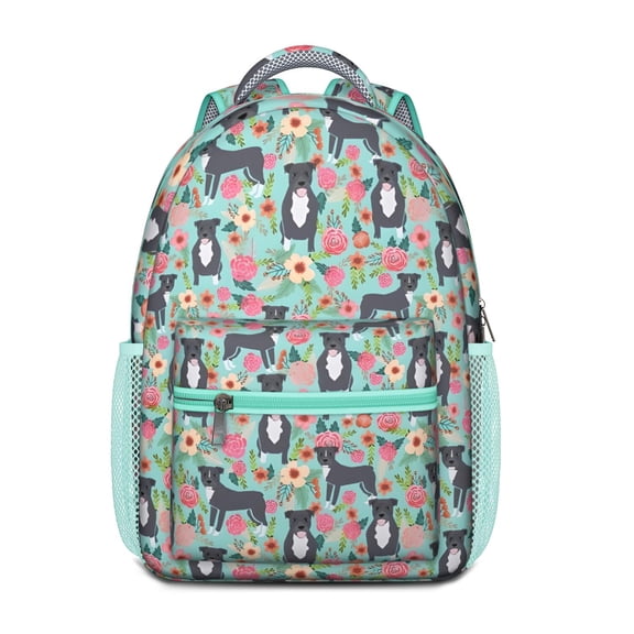 Cute Pitbull Terriers Dog and Flowers Backpack for School,Cute School Bag,Schoolbag with Adjustable Shoulder Straps & Padded Back,15.3"x11"x6.7"