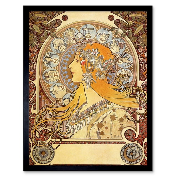 Alphonse Mucha 1896 Zodiac Signs Art Nouveau Old Master Painting Art Print Framed Poster Wall Decor 12x16 inch