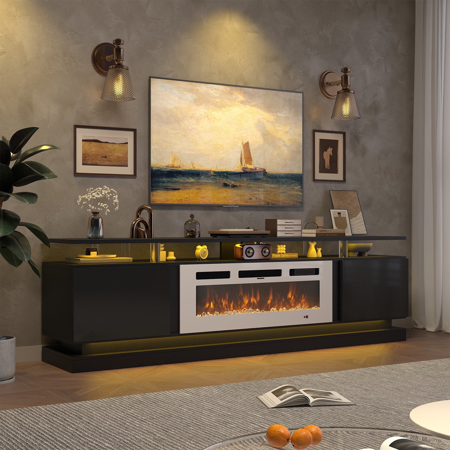 BaPiPro 80" Modern Electric Fireplace TV Stand for TVs up to 90", Entertainment Center with Music Sync LED Lights & Storage Cabinets, Media Console for Living Room, Black & White