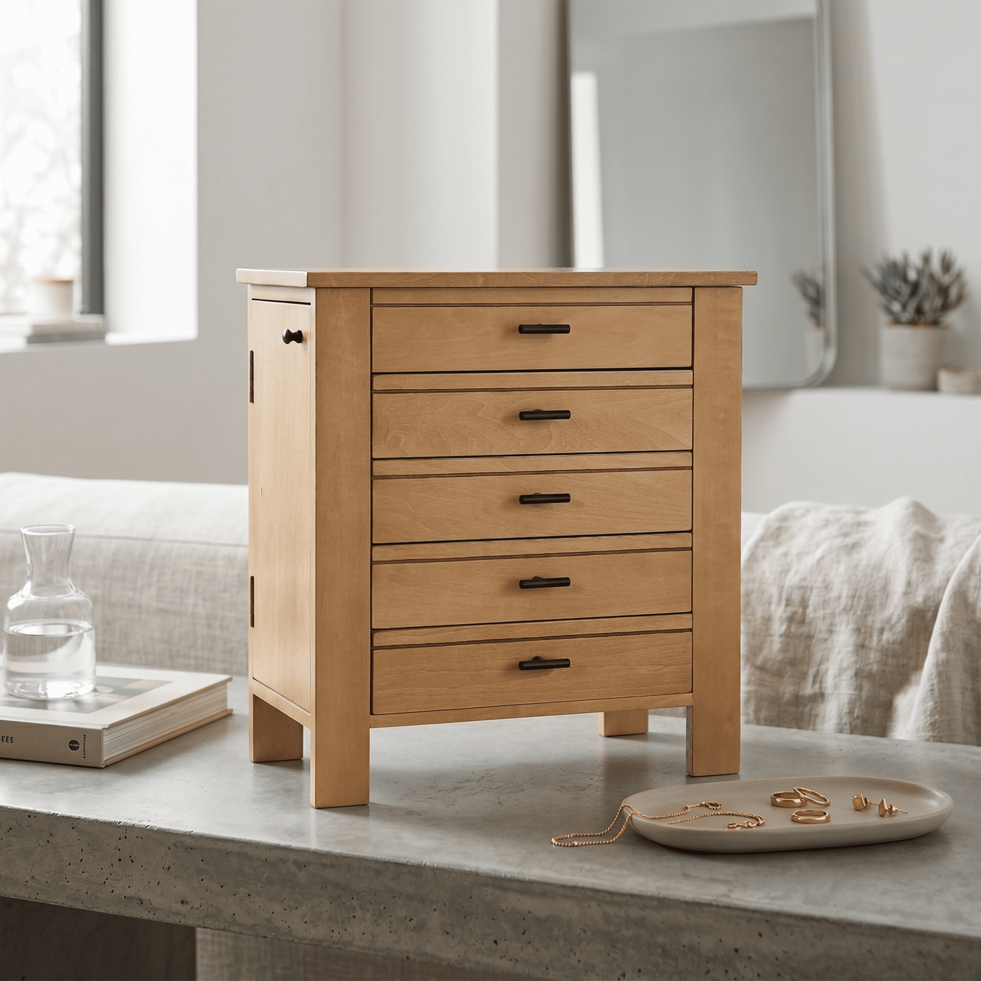 Hives and Honey Emma Wood Jewelry Chest: Modern Pine Tabletop Storage with 4 Drawers for Women