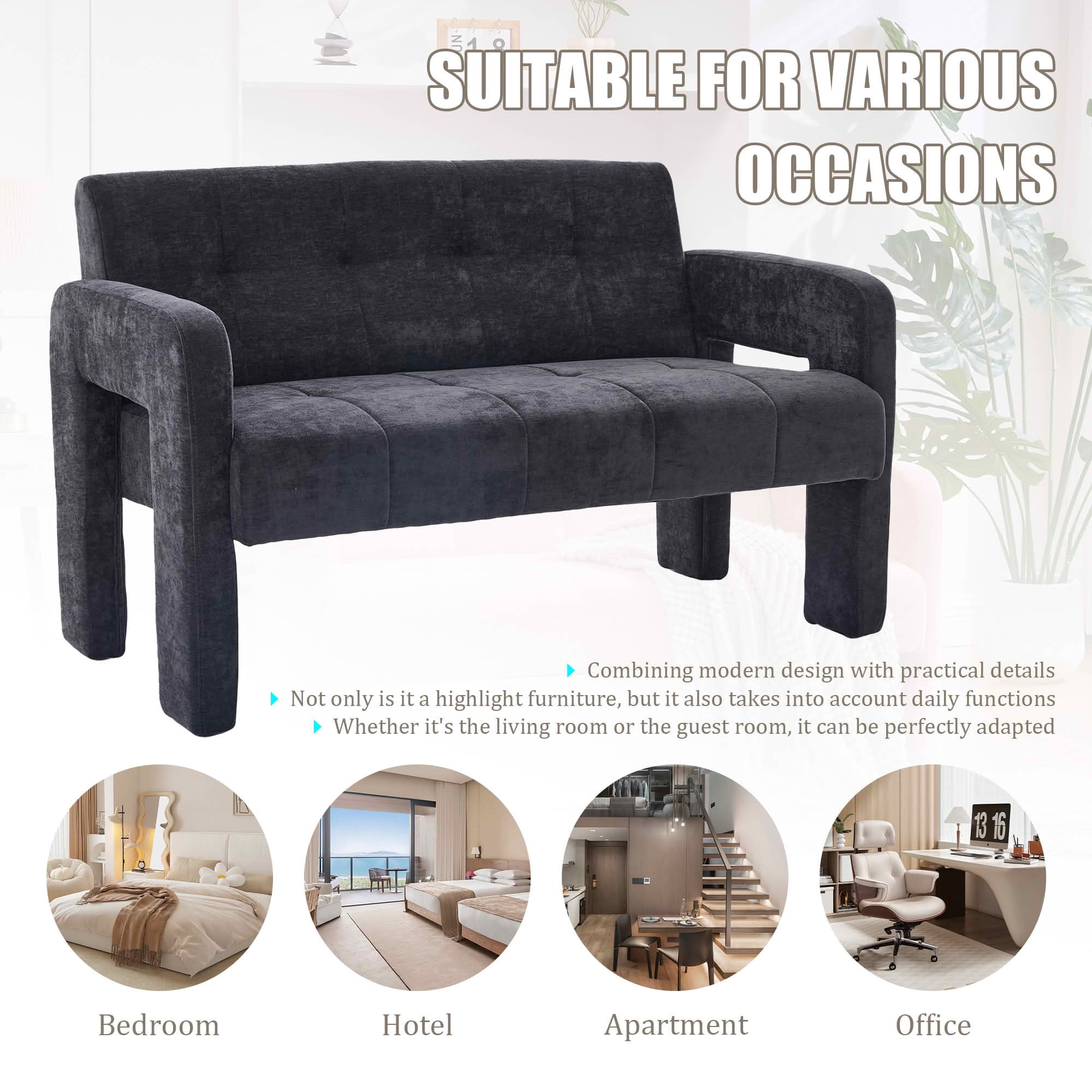 MAYEERTY Nordic Chenille 2-Seat Loveseat, Comfy Double Armrest Compact Leisure Sofa for Small Space Bedroom & Living Room