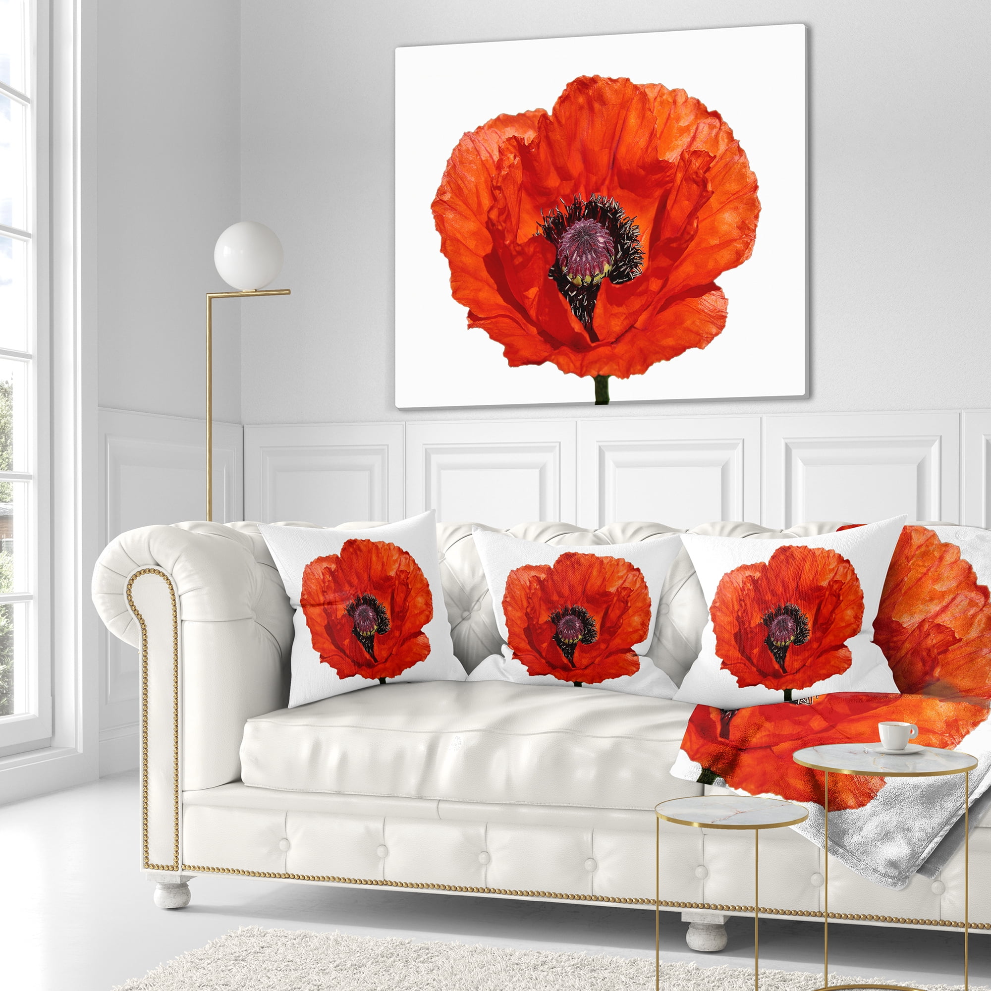 Designart Red Poppy Blossom Close Up - Floral Throw Pillow - 18x18