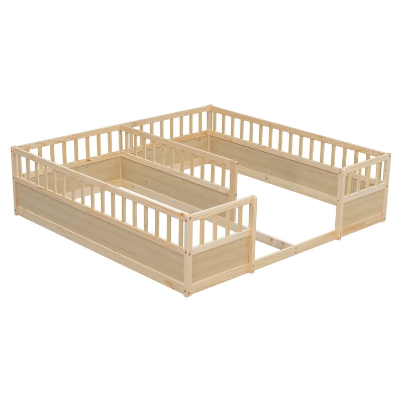 Twin Size Horizontal Floor Bunk Bed Frame with Semi-Enclosed Safety Guardrails, Wood Low Profile Kids Bed with Open Entrance