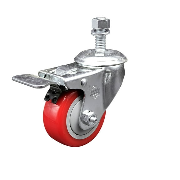 3 Inch SS Red Polyurethane ½ Inch Threaded Stem Caster with Total Lock Brake