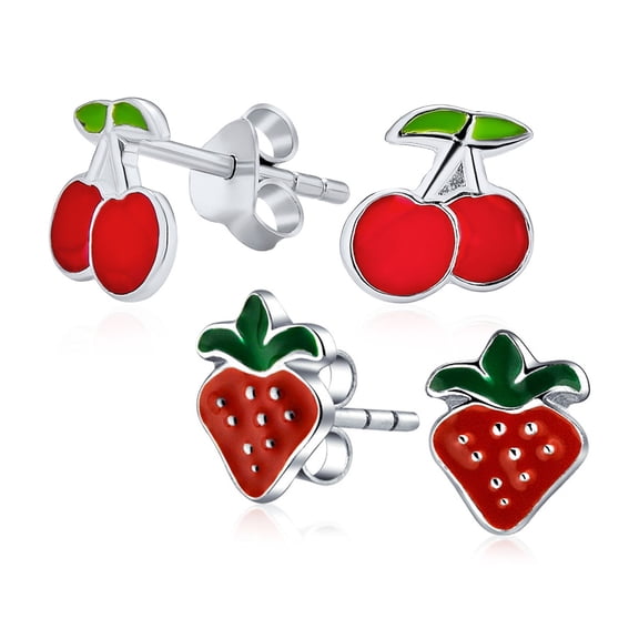 Bling Jewelry Womens Summer Fruit Red Strawberry Cherry Stud Earrings Sterling Silver (2 Set)