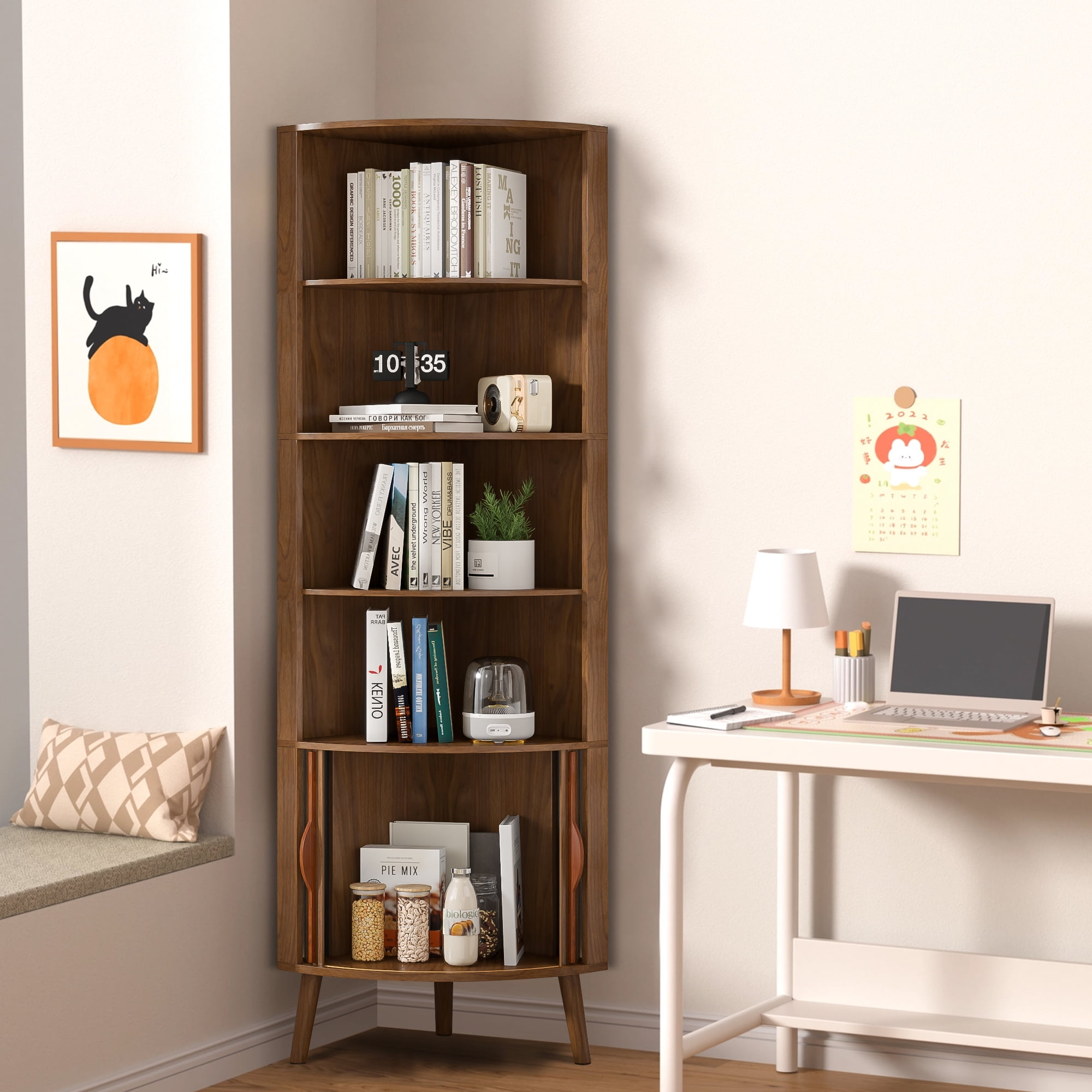 Bathroom Floor Corner Cabinet with Doors, Freestanding Narrow Storage Cabinets for Living Room, Kitchen, Walnut Color