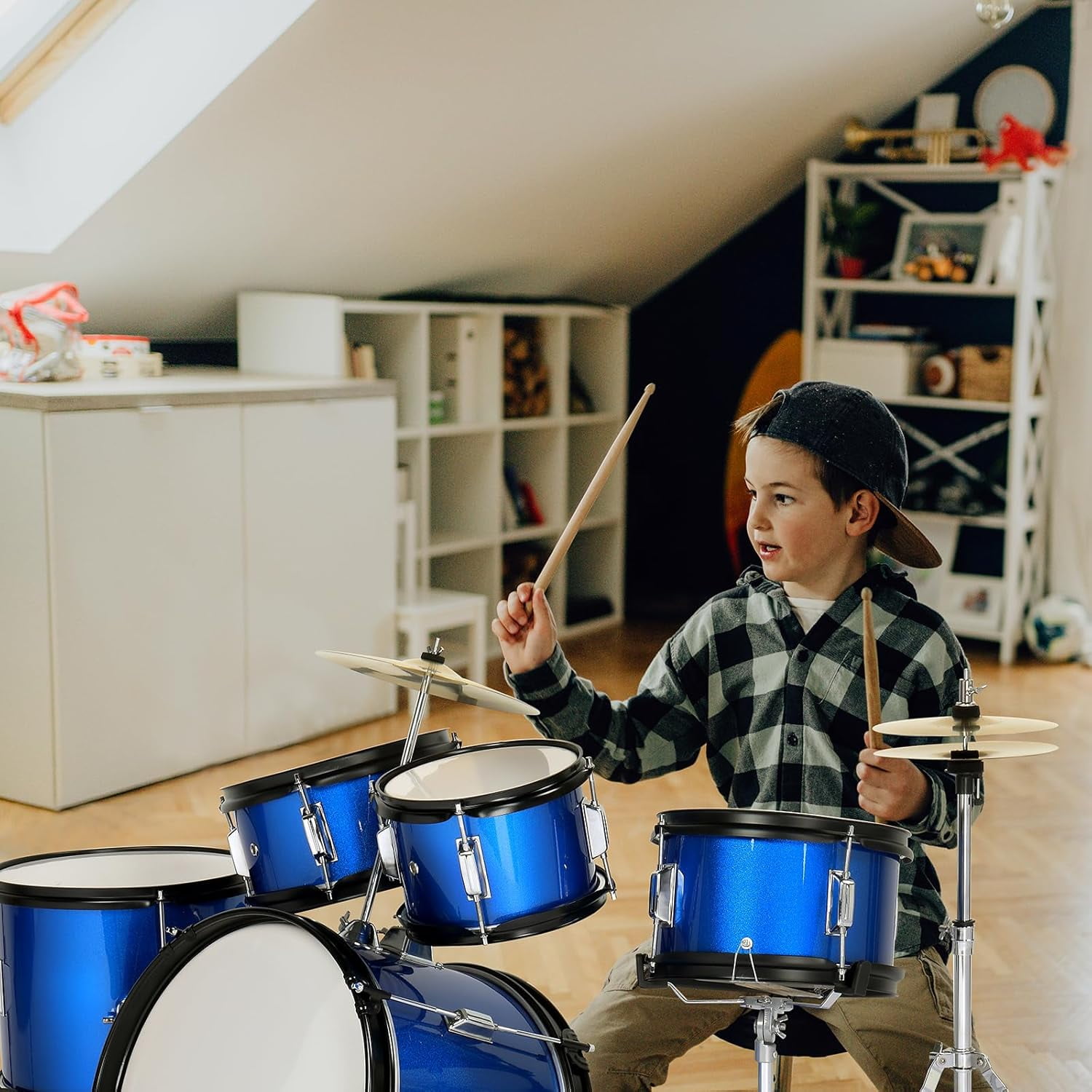 5-Piece Complete Junior Drums Set, 14 Inch Beginners Drum Kit with Throne Stool, Pedal & Drumsticks, Drums Musical Instruments W/Cymbal, Hi-Hat, Floor, Tom and Snare Drum 16"x11" Dark Blue