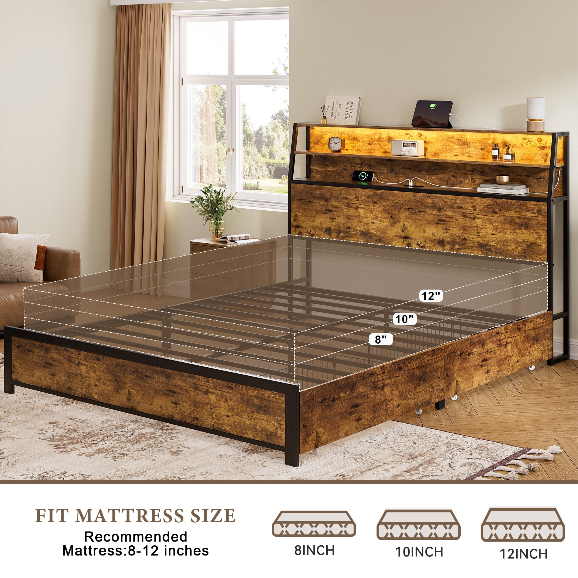 GUNAITO Queen Bed Frame with Storage Headboard, 2 Drawers Platform LED Bed Frame with USB Ports & Outlets Rustic Brown
