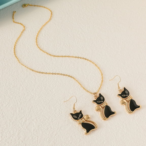1 set Cat Shape Zinc Alloy Enamel Pendant Necklaces & Dangle Earrings sets Golden 450mm