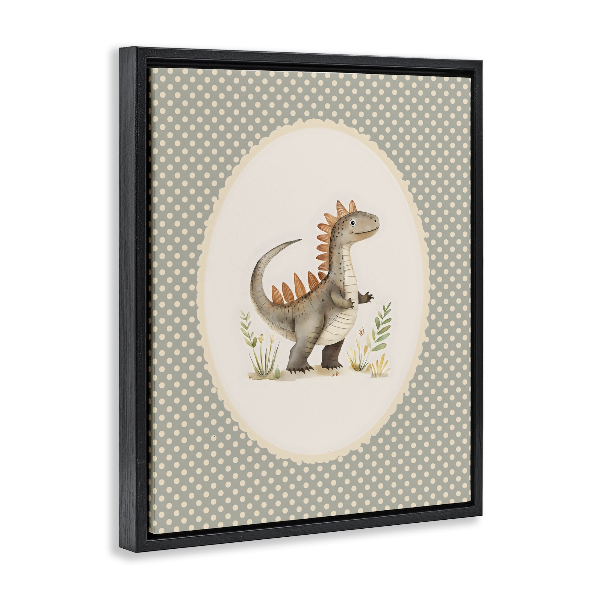 Stupell Industries Watercolor Dinosaur Polka Dot Border Black Framed Floater Canvas Wall Art, design by LSR Design Studio