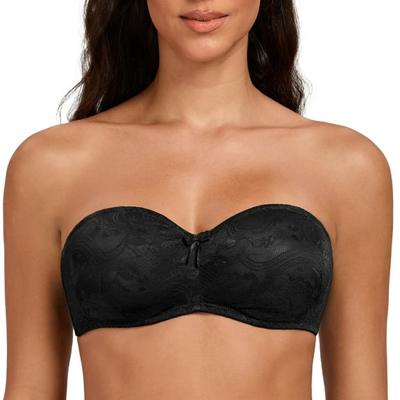 MELENECA Women's No Padding Sheer Lace Bandeau See-Through Minimizer Underwire Strapless Bras Black 38B