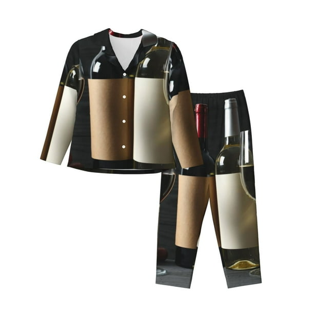 Balery Two Bottles Of Red And White Wine Conjunto de Pijama con Estampado para Mujer, Conjunto de Dos Piezas con Manga Larga, Ropa de Dormir Suave con Bolsillos, Pijamas Cómodos-Large