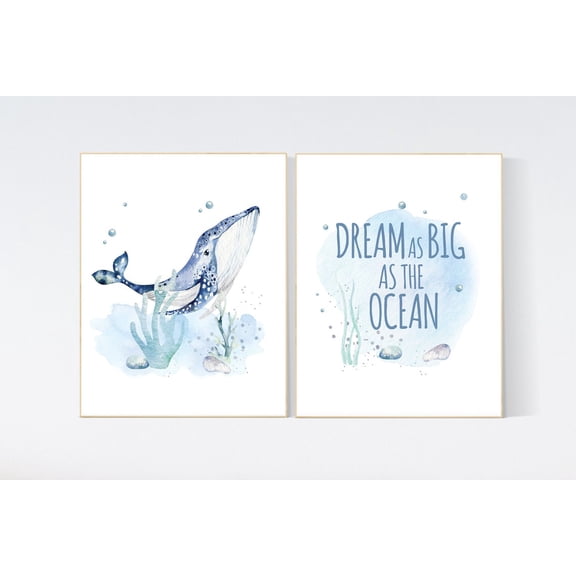 UNFFRAMED Ocean Themed Nursery, Sea Nursery Decor, Nautical Nursery Print Set, Under The Sea Nursery, Gender Neutral, Whale Nursery, Underwater #173 Set 2 Prints 8x12