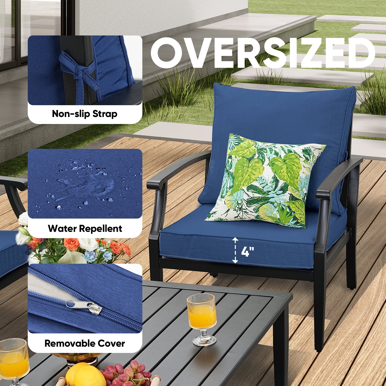 JOYURE 4 pieces Patio Furniture Set w/loveseat,Coffe Table,Outdoor Conversation Metal Sofa with High Back and Thick Cushion,for Backyard,Garden,Navy