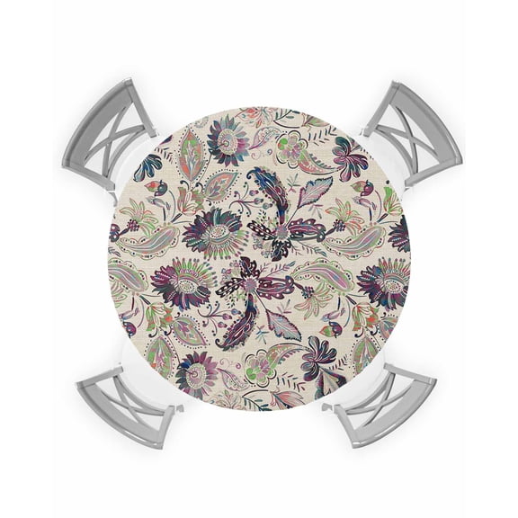 nqOlkjepod Purple Teal Ethnic Round Tablecloth, Fitted Table Cover with Elastic for 55"-60" Round Tables, Boho Modern Geometric Abstract Art Table Cloth Outdoor Dinning Party Waterproof Tablecloths