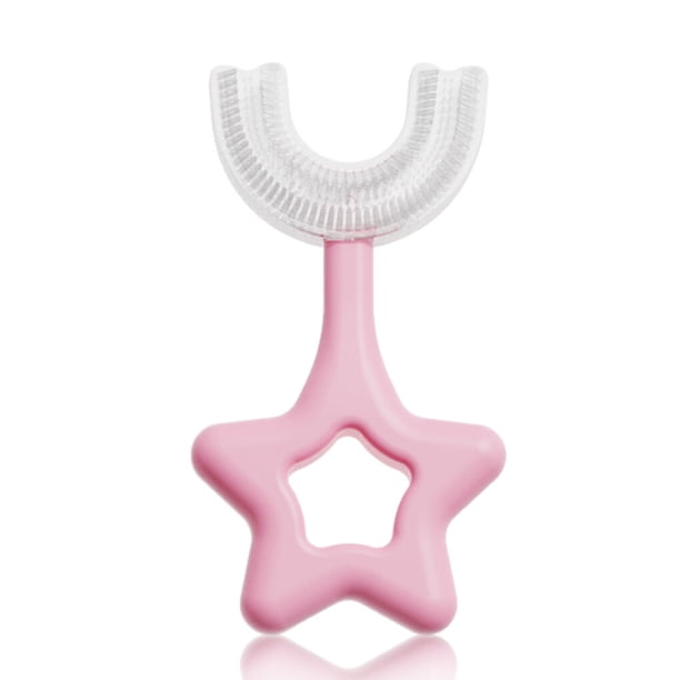 Naiovety Cepillo de dientes de bebé de doble cara suave de silicona, cepillo de limpieza de dientes ergonómico Manual en forma de U, mango de Suministros de limpieza para el hogar rosado S