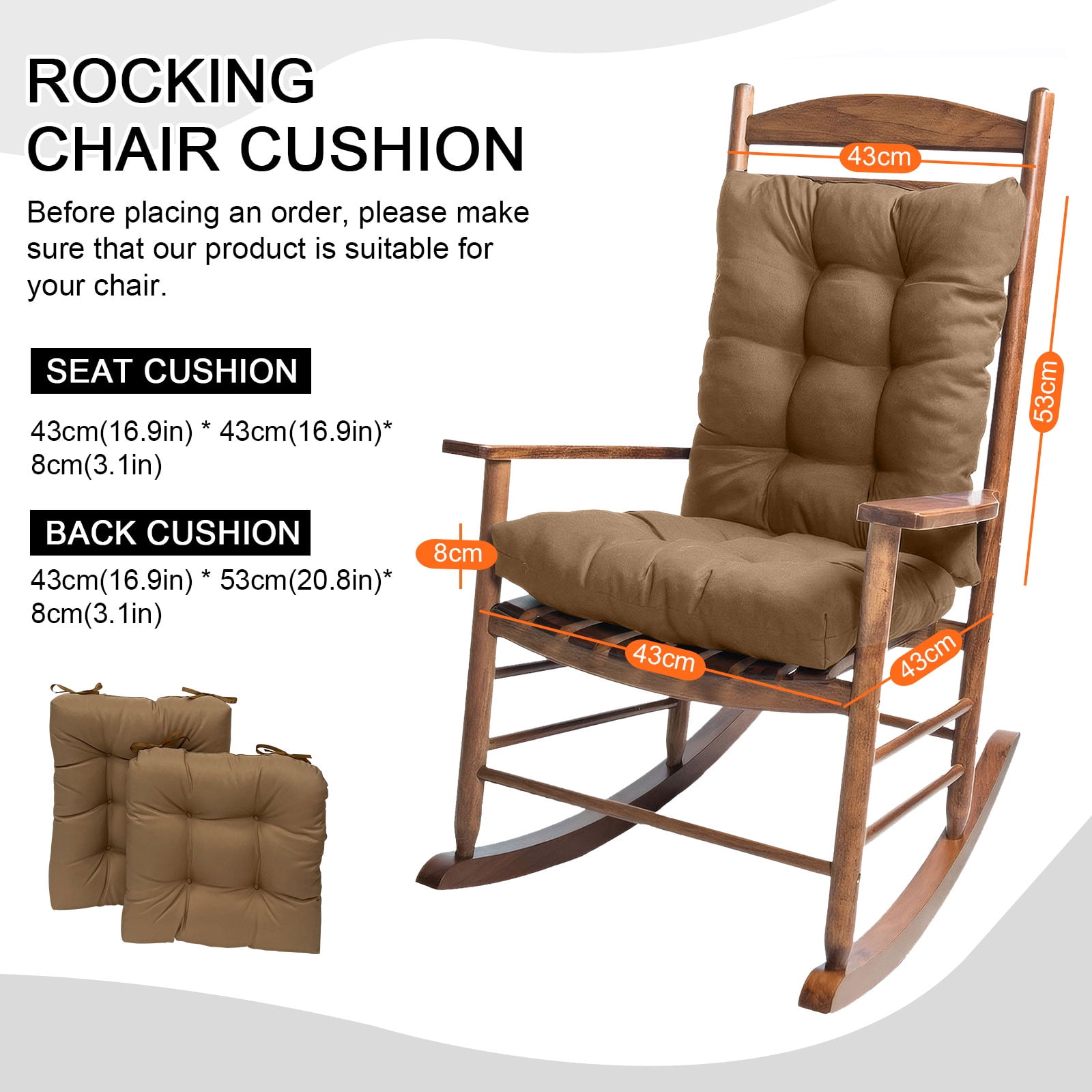 TOPCHANCES Indoor/Outdoor Rocking Chair Cushions Set, 2 Piece Tufted Comfortable Cushions for Rocking Chairs with Non-Slip Ties, Khaki
